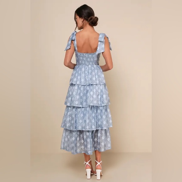 Gorgeous Excellence Light Blue Floral Burnout Tiered Midi Dress - Picture 2 of 4